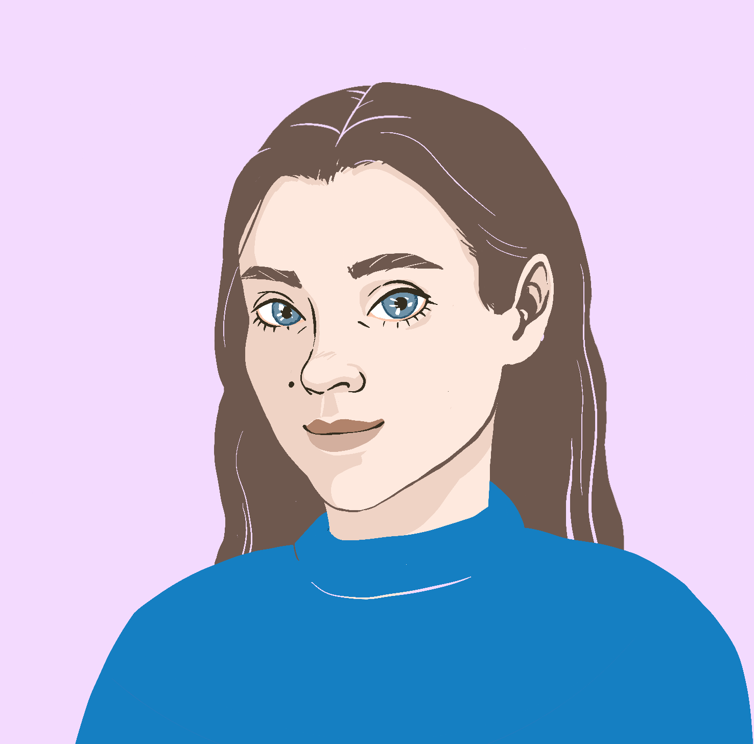 self portrait of myself: long brown hair, blue sweater and blue eyes